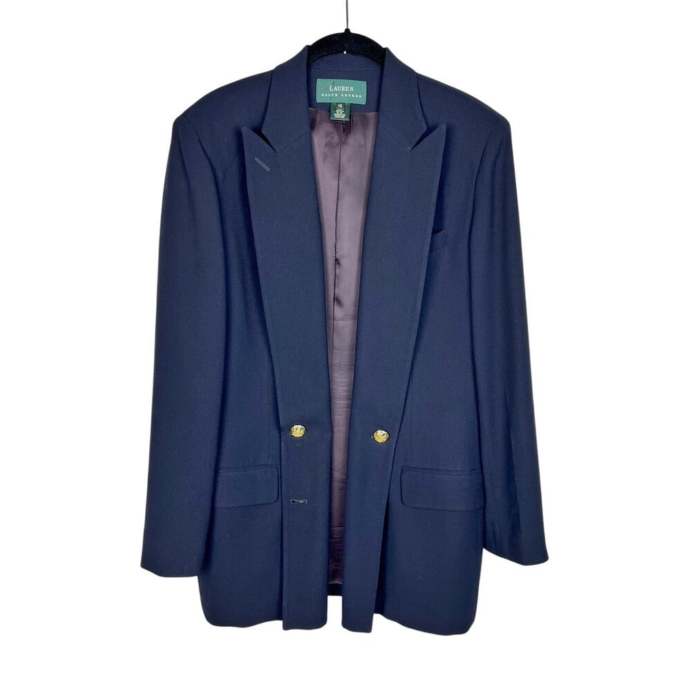 RLL Vintage Navy Blue Wool Double Breasted Long Line Blazer USA Made Size 10